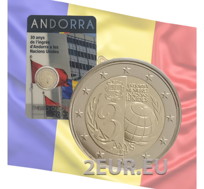 Andorra 2 euro BU mündikaart 2023 – 30 aastat Andorra ühinemisest ÜRO-ga