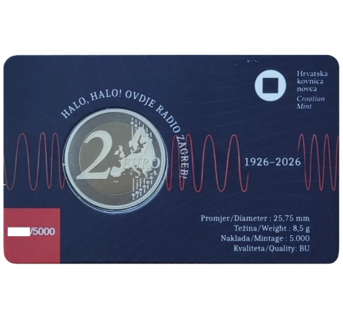 Хорватия 2 евро BU 2026 – 100 лет хорватскому радио и телевидению