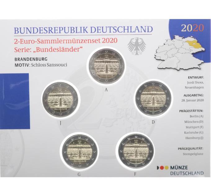  Saksamaa 2 Euromüntide komplekt BU 2020 – Brandenburg – Sanssouci palee – ADFGJ