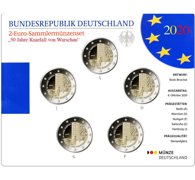  Saksamaa 2 Euromüntide komplekt BU 2020 – 50 aastat Kniefall von Warschau – Varssavi genuflektsioonist – ADFGJ