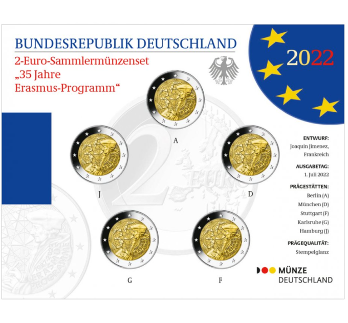  Saksamaa 2 Euromüntide komplekt BU 2022 – 35 aastat Erasmust – ADFGJ