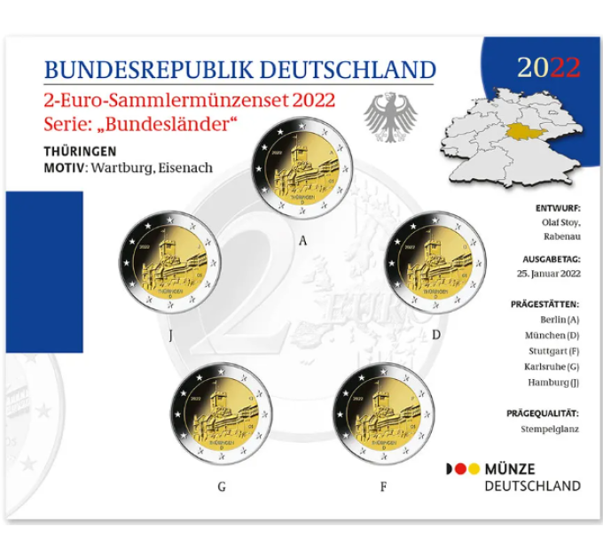  Saksamaa 2 Euromüntide komplekt BU 2022 – Tüüringi. Wartburgi loss – ADFGJ