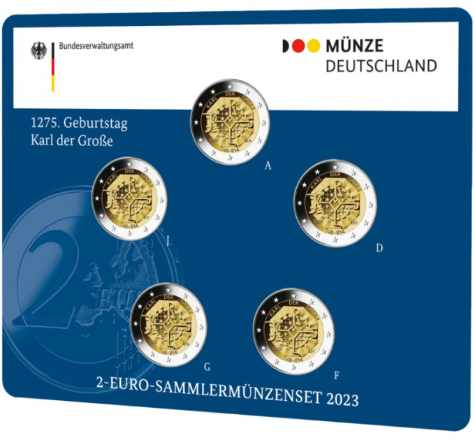  Saksamaa 2 Euromüntide komplekt BU 2023 – Karl Suure sünni 1275. aastapäev – ADFGJ