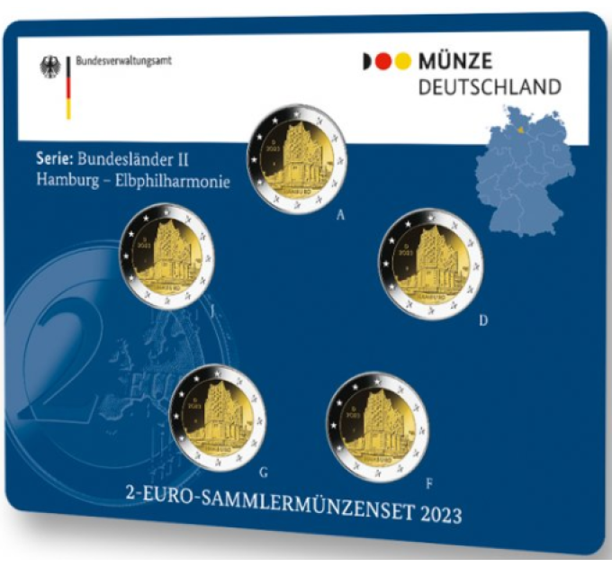  Saksamaa 2 Euromüntide komplekt BU 2023 – Hamburg – Elbphilharmonie – ADFGJ