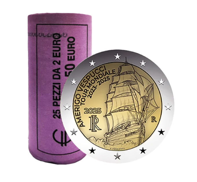 Italy 2 euro UNC roll 2025 - Voyage of the Amerigo Vespucci Ship
