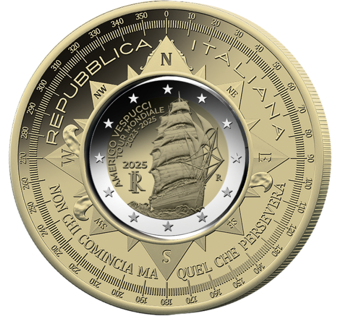Itaalia 2 euro + 10 euro Proof 2025 – Amerigo Vespucci laeva reis