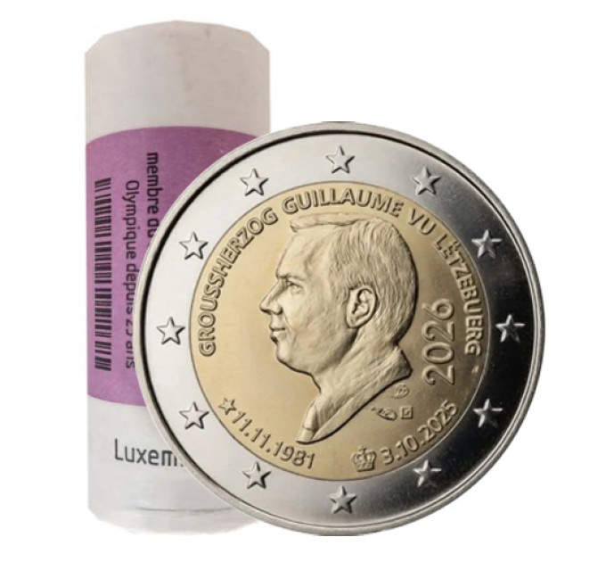 Luxembourg 2 euro UNC roll 2026 - ACCESSION TO THE THRONE OF GRAND DUKE GUILLAUME AND HIS 45TH BIRTHDAY
