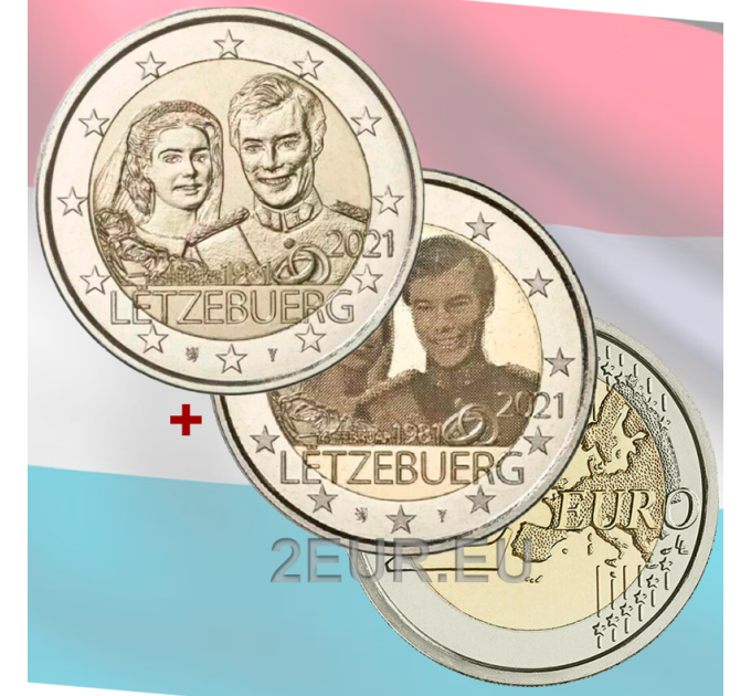 Luksemburg 2 eurot UNC 2021 – suurhertsoginna Maria Teresa 40. pulma-aastapäev suurhertsog Henry reljeefiga+foto