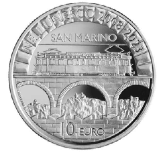 San Marino 10 eurot proof 2023 – 15. aastapäev San Marino vanalinna ja Titano mäe lisamisest UNESCO maailmapärandi nimekirja