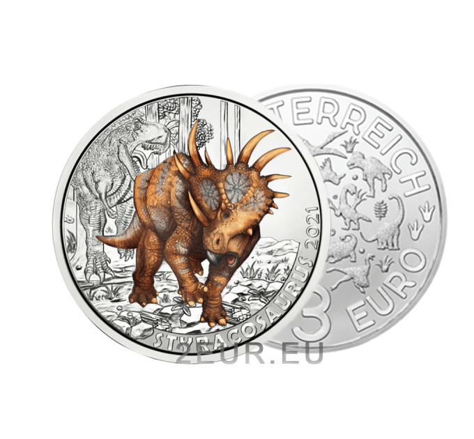 Austria 3-eurone münt 2021-3 – Styracosaurus albertensis