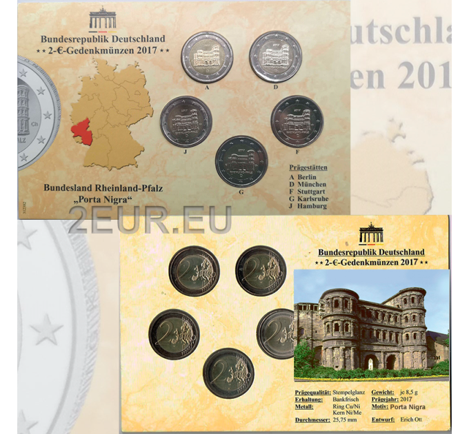  Saksamaa 2 Euromüntide komplekt BU 2017 - Rheinland-Pfalz - ADFGJ