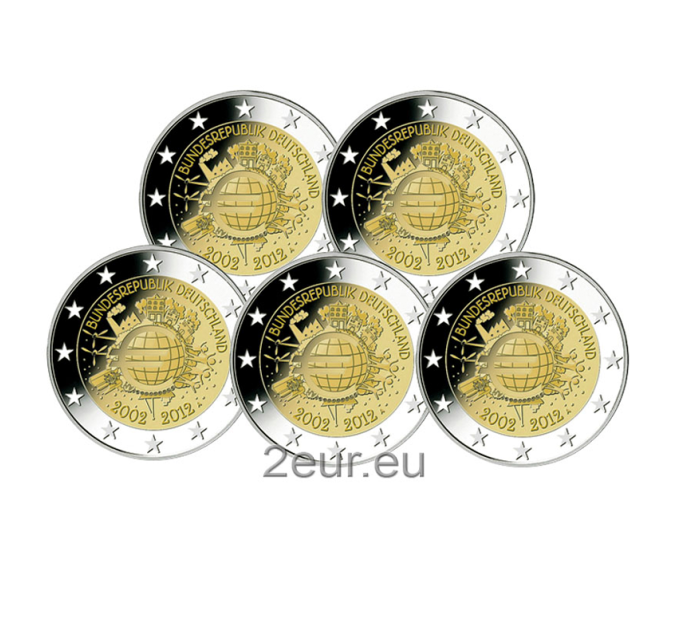 Saksamaa 2 eurot UNC 2012 – 10 aastat euro sularaha – ADFGJ