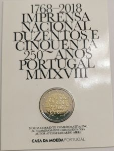 PORTUGAL 2 EURO 2018 - 250TH ANNIVERSARY OF THE PRINTING HOUSE - C/C